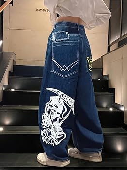 Unisex Y2K Hip Hop Street Jeans with Skeleton Print, Gothic